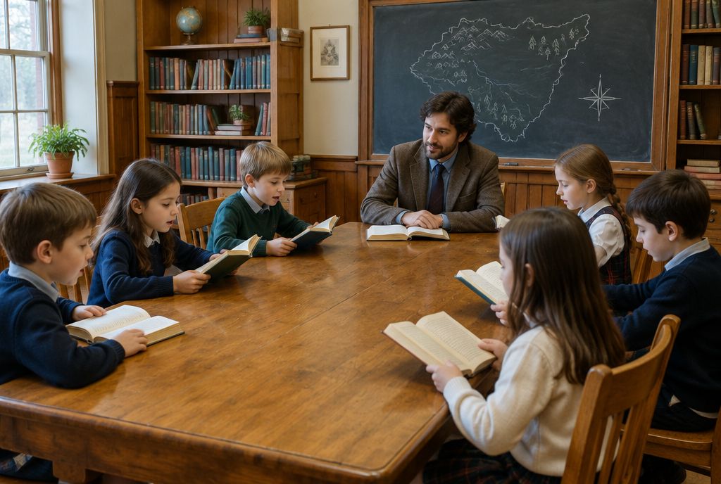A teacher leading students around a reading table in a classical school classroom